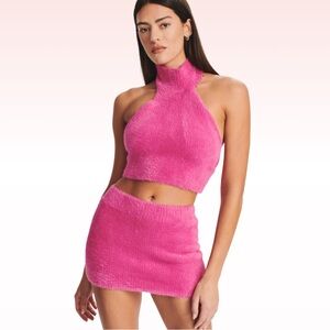 SEROYA Hot Pink Boca Fuzzy Crop Top (Sz S)